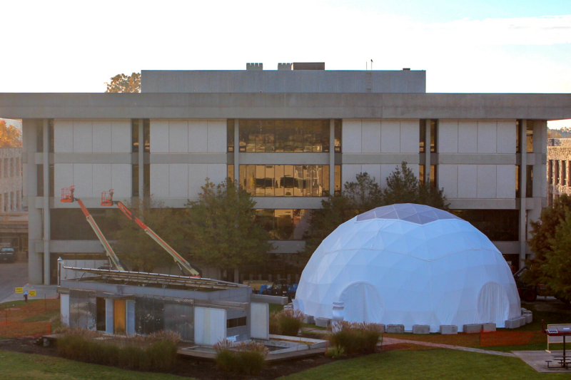Fully assembled Cowgill dome with Cowgill Hall in the background