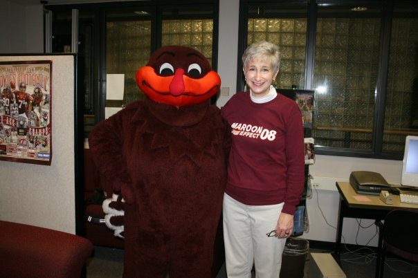 Terry Arthur, in 2016, never missed an opportunity to show her love of being a part of the Hokie Nation, as seen here with the Hokie Bird. Photo courtesy of Arthur family.