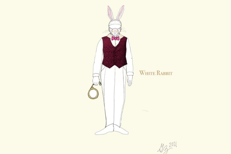 A drawing of a person wearing bunny years, a mask over the eyes, wearing white pants and a dark vest, and holding a large pocket watch