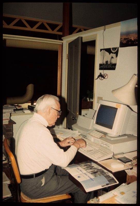 Leonard Currie is at a computer in an office in Blacksburg during 1996